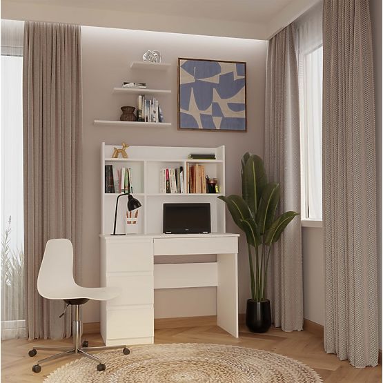 Radni stol MIJAS lijevi s nadgradnjom bijela mat 4 ladice 4 police za ured ili sobu