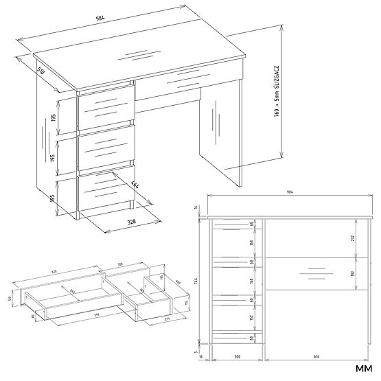 Radni stol MIJAS lijevi s nadgradnjom bijela mat 4 ladice 4 police za ured ili sobu