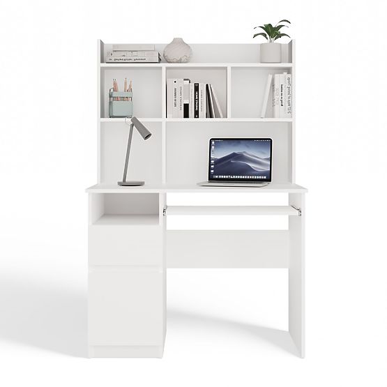 Radni stol PORTO lijevi s nadgradnjom Mat bijela ladica police za ured i sobu