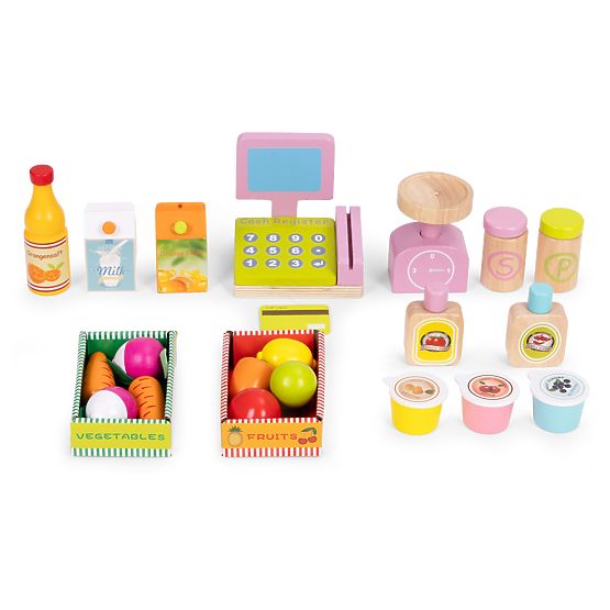Velika drvena trgovina za djecu s terminalom i vagom voće povrće 20 elemenata ECOTOYS