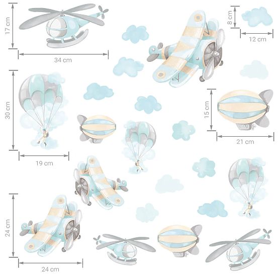 Set zidnih naljepnica - Avioni i baloni 22 kom