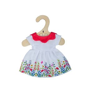 Bigjigs Toys Bijela cvjetna haljina s crvenim ovratnikom za lutku 25 cm