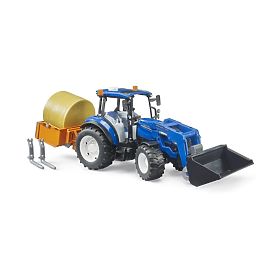 Bruder traktor New Holland T5.120 s prednjim utovarivačem, sandukom, vilicama i okruglim balama