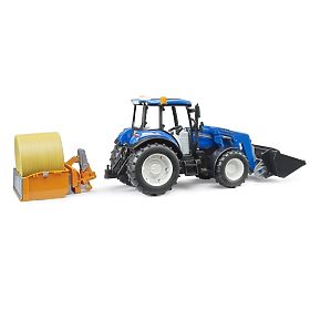 Bruder traktor New Holland T5.120 s prednjim utovarivačem, sandukom, vilicama i okruglim balama, Bruder