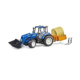 Bruder traktor New Holland T5.120 s prednjim utovarivačem, sandukom, vilicama i okruglim balama