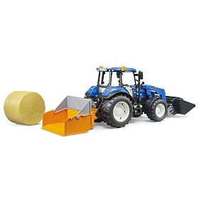 Bruder traktor New Holland T5.120 s prednjim utovarivačem, sandukom, vilicama i okruglim balama, Bruder