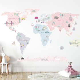 Zidna naljepnica Karta svijeta - roza